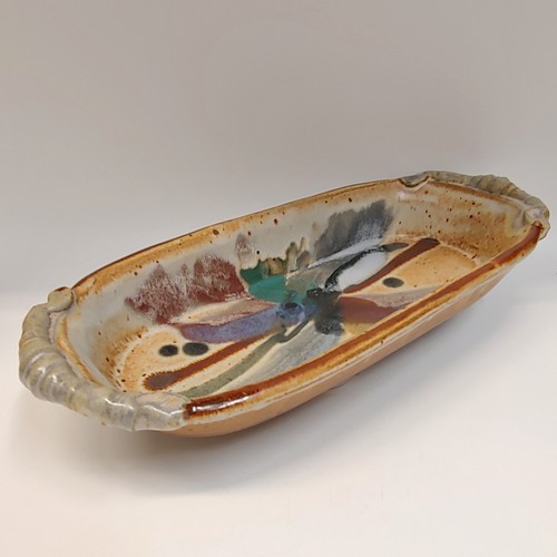 #220407 Baking Dish Tan, Teal, Blue/Red 14x5.5x2 $22 at Hunter Wolff Gallery